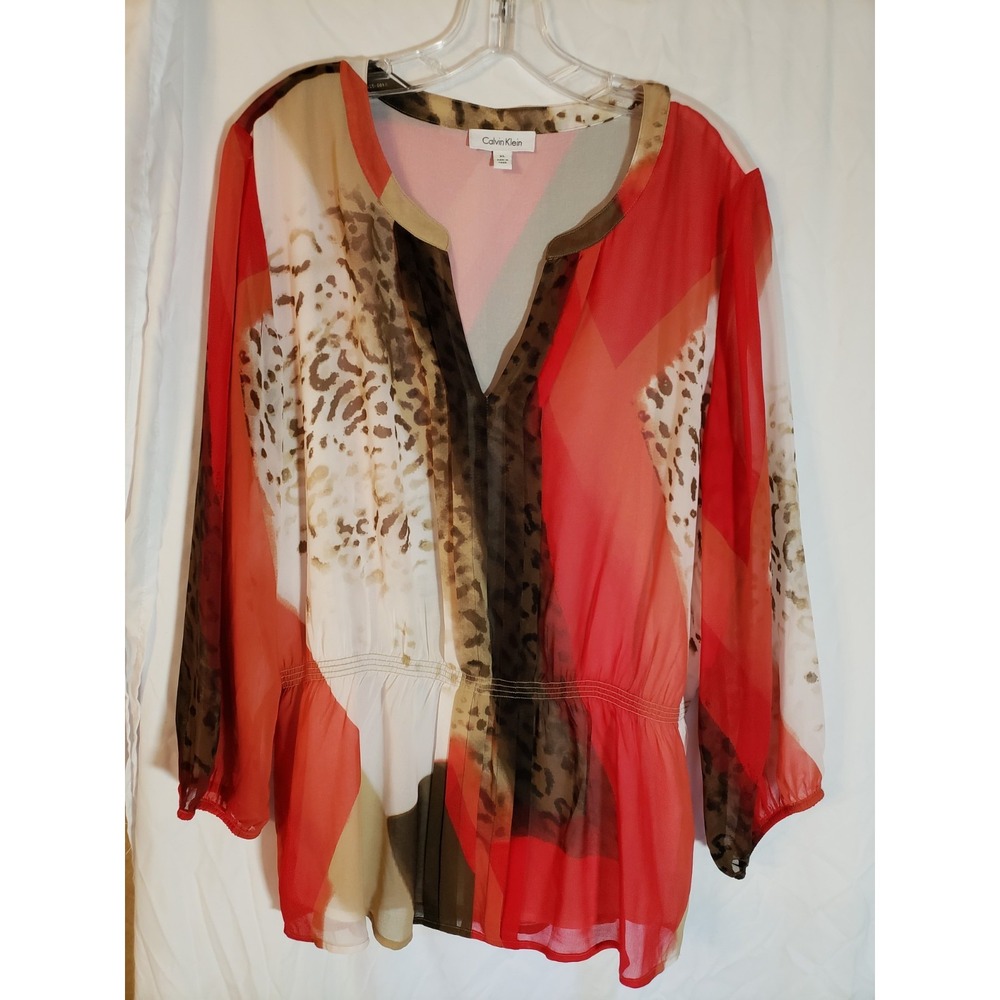 Women's Calvin Klein Red Brown And Cream Long Sleeve Blouse Size XL